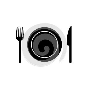Spoon fork plate icon logo. Vector meal dish knife dinner food illustration icon