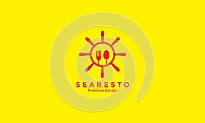 Spoon and fork with ship wheel restaurant logo design vector icon symbol graphic illustration