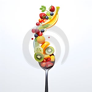 Spoon full of fresh fruits and vegetables isolated on white