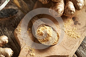 A spoon of ginger root powder, with whole fresh root