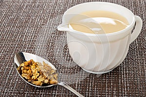 Spoon with granola, yogurt in pitcher on mat