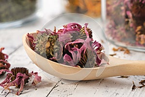 Spoon of healthy echinacea petals and buds for making tea. Glass jars of dried coneflowers and herbs on backgroundnd.