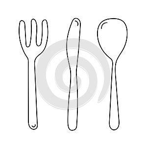 Spoon, knife and fork. Kitchen tools icon set. Line art doodle style.