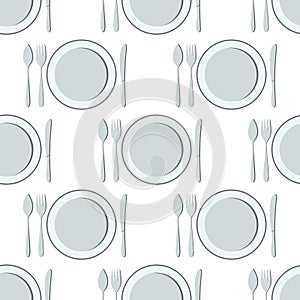 Spoon, knife , fork and plate seamless pattern. Silhouettes Of Cutlery. Kitchen utensils. Vector illustration