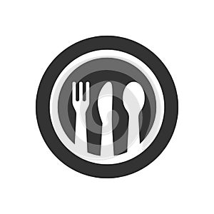 Spoon, knife, fork and a plate vector icon. Meal, restaurant logo.