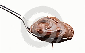 Spoon of melted chocolate hazelnut cream isolated on a white background