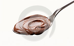 Spoon of melted chocolate hazelnut cream isolated on a white background