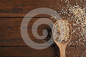 Spoon with mixed quinoa seeds and space