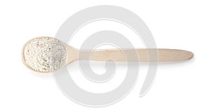 Spoon of oat flour on white, top view