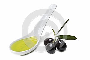 Spoon with olive oil and olives.