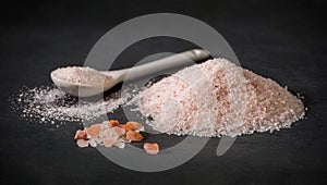 A spoon and pile of pink himalayan salt. Pink salt and pepper. Pink sugar. Spices for recipes