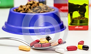 Spoon with pills or veterinary medicine, supplements or vitamins for pets, with pet food in the background