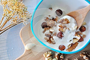 Spoon on Plain Yogurt with Nuts in Bowl