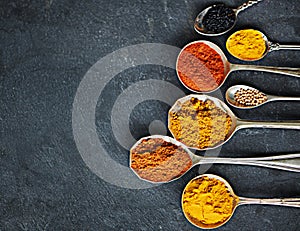 Spoon, powder and group of spices by dark background for cooking dinner, health and nutrition. Turmeric, chilli and