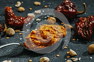 Spoon with romesco sauce, typical of Catalonia photo