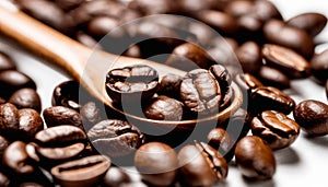 A spoon is scooping up coffee beans