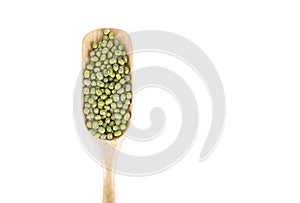 A spoonful of mung beans on a white background