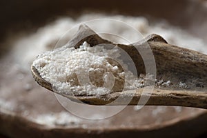 Spoonful sea salt on bone spoon