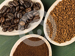 Spoonfuls of Instant Granulated and Roast Coffee Beans