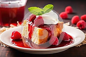 spooning raspberry compote over a slice of pound cake