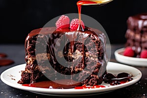 spooning raspberry sauce onto a slice of chocolate cake