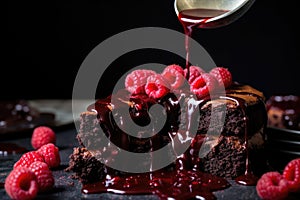 spooning raspberry sauce onto a slice of chocolate cake