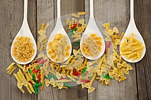 Spoons filled with varieties of pasta