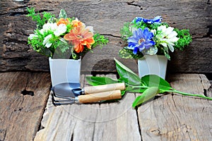 spoons and fork for gardening ,two white vase