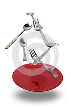 Spoons, forks, knife and red plate levitation