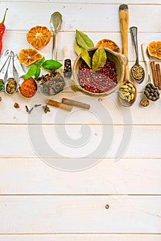 Spoons with herbs and spices