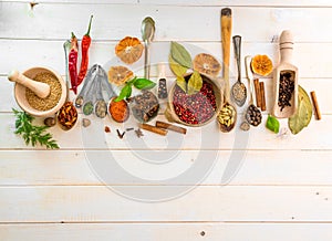 Spoons with herbs and spices