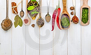 Spoons with herbs and spices