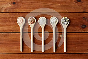 Spoons with salt and spices on wooden table
