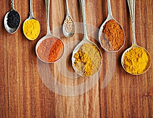 Spoons, spice and selection of flavor for seasoning on kitchen table, turmeric and paprika for meal. Top view