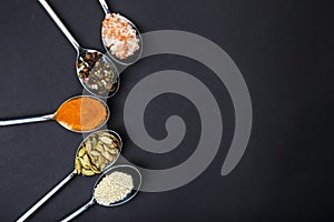 Spoons are spread out in an arc with different spices. View from top. On a black background.