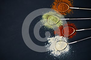 Spoons with various spices