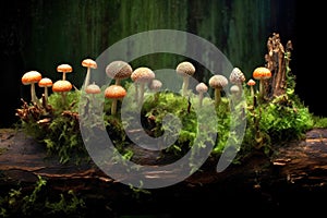 spore dispersion on a mossy log, showcasing life cycle