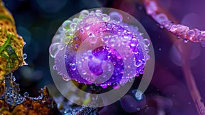 A spore from a mold species appearing like a tiny jewel with a smooth shimmering surface in shades of purple and green