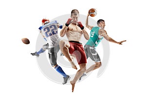 Sport in action. MMA, american football, basketball. Professional athletes. Sport collage. Isolated in white