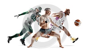 Sport in action. MMA, american football, basketball. Sport emotion. Professional athletes. Sport collage. Isolated in