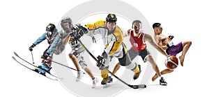 Sport in action. Skiing, american football, hockey, basketball, MMA. Sport emotion. Professional athletes. Sport collage