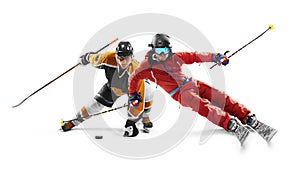 Sport in action. Skiing and hockey. Winter sports. Two professional athletes. Sport collage. Isolated in white