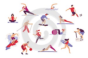 Sport activities set. Sport enthusiasts, athletes , amateur sportspersons doing sport exercises