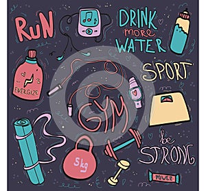 Sport activities tools, symbols in doodle style, Fitness vector concept