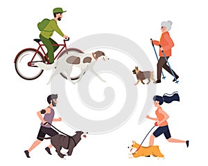 Sport and activity with dogs illustration. Stock vector. People running, walking and riding bicycle with dog in park.