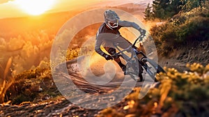 Sport and adventure concept, mountain biker riding downhill at sunset