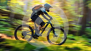 Sport and adventure concept, mountain biker riding downhill at sunset
