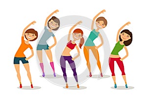 Sport, aerobics, healthy lifestyle concept. Group of people engaged fitness in gym. Funny cartoon vector illustration