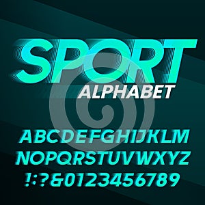 Sport alphabet font. Fast wind effect oblique letters and numbers.