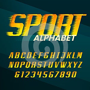 Sport alphabet font. High speed effect oblique letters and numbers.